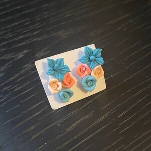 Blue & Peach Flower Stud Earrings (New/Unused)